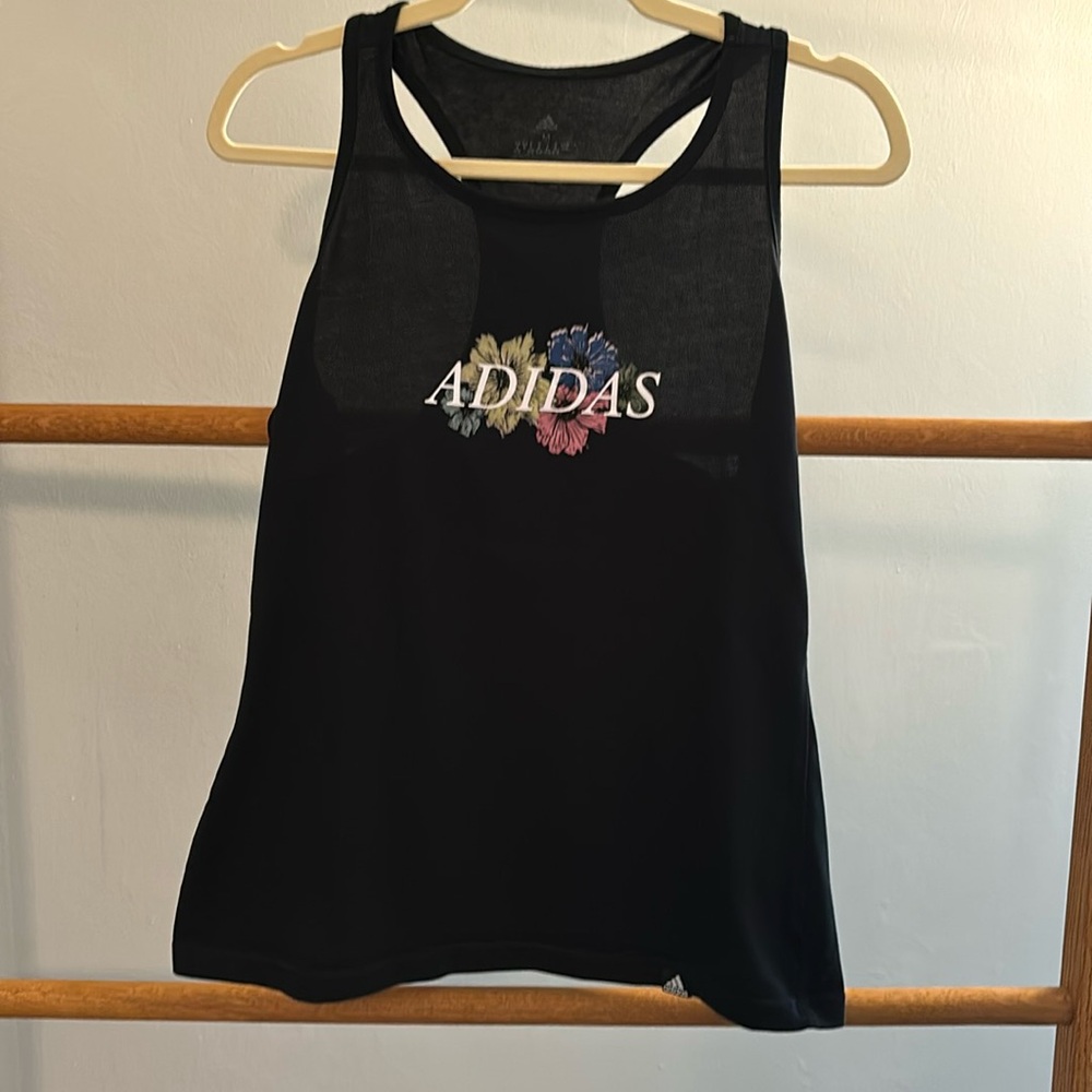 Adidas Black with Colorful Flowers Racer Back Dri Fit Athletic Tank Top